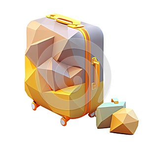 3d icon yellow travel plastic suitcase low poly with wheels cartoon fluffy isolated Transparent background png. Generative ai