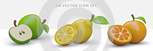 3D icons of fresh fruits set. Whole fruit with green leaf and cut half