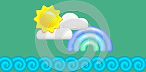 3d icons of the sun, clouds, blue rainbow and ocean