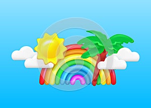 3D icons of the sun, clouds, rainbow and palm tree