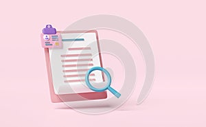 3d Id card with magnifying glass, checklist paper, clipboard isolated on pink background. recruitment staff, human resources, job