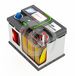 3D illlustration of a generic car battery showing a portion of the battery interior structure