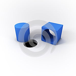 3D Illustrated Blue Square Peg Cylinder and a Round Hole on a Bright White Background.