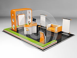 3d Illustrated unique creative exhibition stand display design with table and chair, info board, roll up