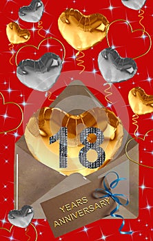 3d illustration, 18 anniversary. golden numbers on a festive background. poster or card for anniversary celebration, party