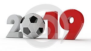 3D illustration of 2019 date, soccer ball, football era, year of sport. 3D rendering. The idea for the calendar