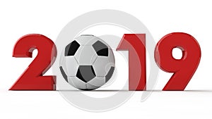 3D illustration of 2019 date, soccer ball, football era, year of sport. 3D rendering. The idea for the calendar