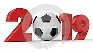 3D illustration of 2019 date, soccer ball, football era, year of sport. 3D rendering. The idea for the calendar