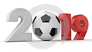 3D illustration of 2019 date, soccer ball, football era, year of sport. 3D rendering. The idea for the calendar