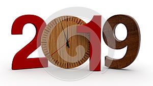 3D illustration of 2019, date with wooden mechanical clock. Idea for calendar, new year holidays, celebration and joy. 3D