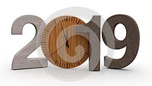 3D illustration of 2019, date with wooden mechanical clock. Idea for calendar, new year holidays, celebration and joy. 3D
