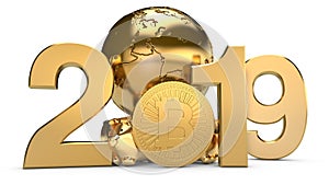 3D illustration of 2019 and the Golden planet Earth with bitcoin cryptocurrency coins. The idea for the calendar, a symbol of the