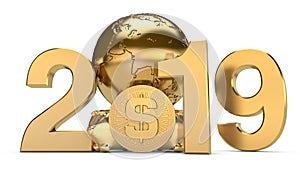 3D illustration of 2019 and the Golden planet Earth with us dollar coins. The idea for the calendar, a symbol of the development