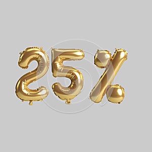 3d illustration of 25 percent gold balloons isolated on white background