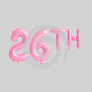 3d illustration of 26th pink balloons isolated on background