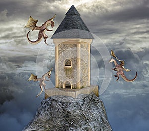 3D Illustration of 3 Dragons Flying Around Tower High in Moody Clouds