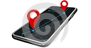 3d illustration, 3d isometric mobile phone, smartphone ready identified on map application. And the red pin set the coordinates