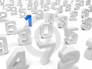 3D Illustration - 3D numbers on white background - focus on blue number one