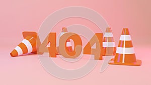 3D Illustration. 404 number with traffic cones on isolated background. 404 webpage error concept. Page not found
