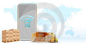 3D illustration, 5G phone , Cargo semi-trailer truck Online wireless connection system, high speed communication concept, delivery