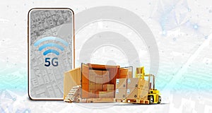 3D illustration, 5G phone , Cargo semi-trailer truck Online wireless connection system, high speed communication concept, delivery