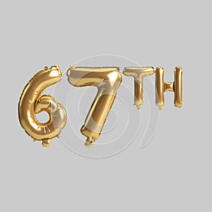 3d illustration of 67th gold balloons isolated on background