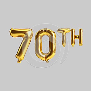 3d illustration of 70th golden balloons isolated on white background