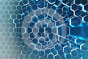 3D illustration Abstract blue of futuristic surface hexagon pattern with light rays. Blue tint hexagonal background.