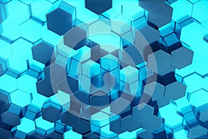 3D illustration Abstract blue of futuristic surface hexagon pattern with light rays. Blue tint hexagonal background.