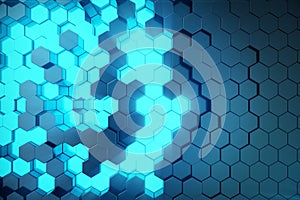 3D illustration Abstract blue of futuristic surface hexagon pattern with light rays. Blue tint hexagonal background.