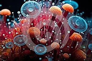 3d illustration of abstract colorful background with beautiful fungus and water drops, Explore the beauty of the microscopic world
