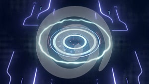 3d illustration of abstract digital neon circles on dark background.