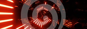 3D illustration. Abstract retro light gold tunnel. Time burning warp portal. Panoramic banner