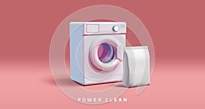 3d illustration for advertising banner with washing machine, and large soft bag package of cleanser, white mockup render