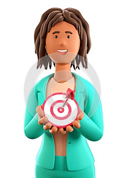 3D illustration of african american woman holding in her hands a modern target with a dart in the center, arrow in bullseye.