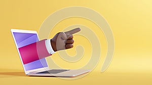 3d illustration. African cartoon character businessman hand shows pointing finger, sticking out the laptop screen. Business clip