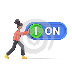 3D illustration of african woman Coco presses a button. Project start. Open progress. Turn on switch. 3D illustration flat design