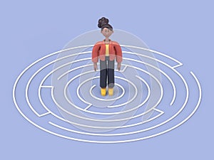3D illustration of african woman Coco standing in the center of a maze.artwork concept depicts challenge, finding the way out,