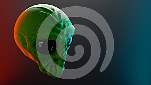 3D illustration of alien head in the air on a dark background