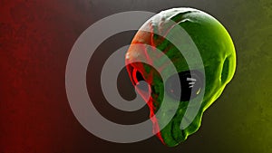 3D illustration of alien head in the air on a dark background