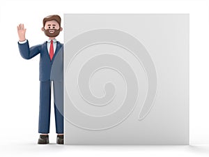 3D illustration of american businessman Bob with hand up, stands behind the blank poster, isolated on white background