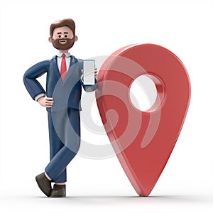 3D illustration of american businessman Bob with Smartphone Standing near GeoPoint sign Mobile Navigation concept