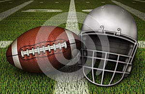 3D Illustration of an American Football and a Football Helmet on the Fifty Yard Line