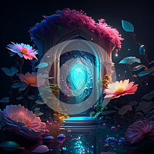 3d illustration of an ancient door in a fantasy garden with flowers generative AI