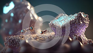 3d illustration of ant and bacteria over blue background with vignette