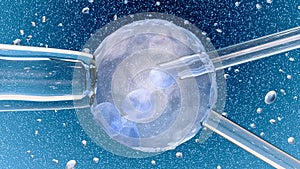 3d illustration: Artificial insemination: glass  needle fertilizing a female egg on dark blue background with bubbles. Medical con