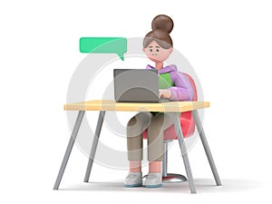 3D illustration of Asian girl Renae with laptop. social media concept.3D rendering on white background.