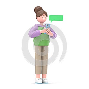 3D illustration of Asian girl Renae with phone. Social media concept.3D rendering on white background.