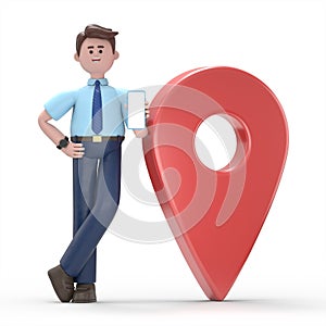 3D illustration of Asian man Felix with Smartphone Standing near GeoPoint sign Mobile Navigation concept
