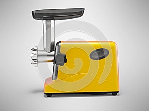 3D illustration assistant orange electric meat grinder for kitchen side view on gray background with shadow